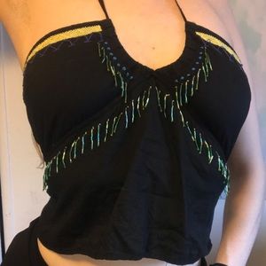 LUX tropical beaded crop top tie halter neck S